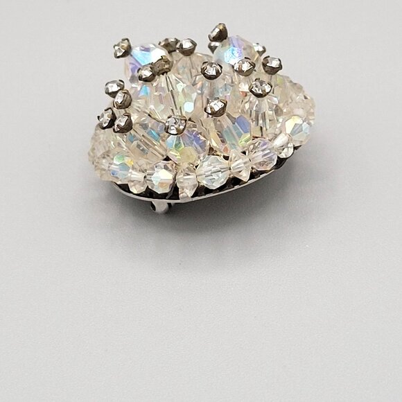 Domed AB Aurora Borealis Brooch Pin Silver Tone Bicone Round Beads Vintage 1950s - Picture 5 of 7